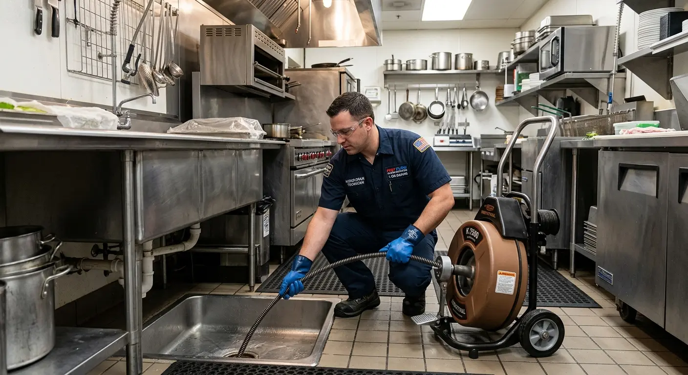 Commercial drain cleaning service in a restaurant kitchen in Port Allen