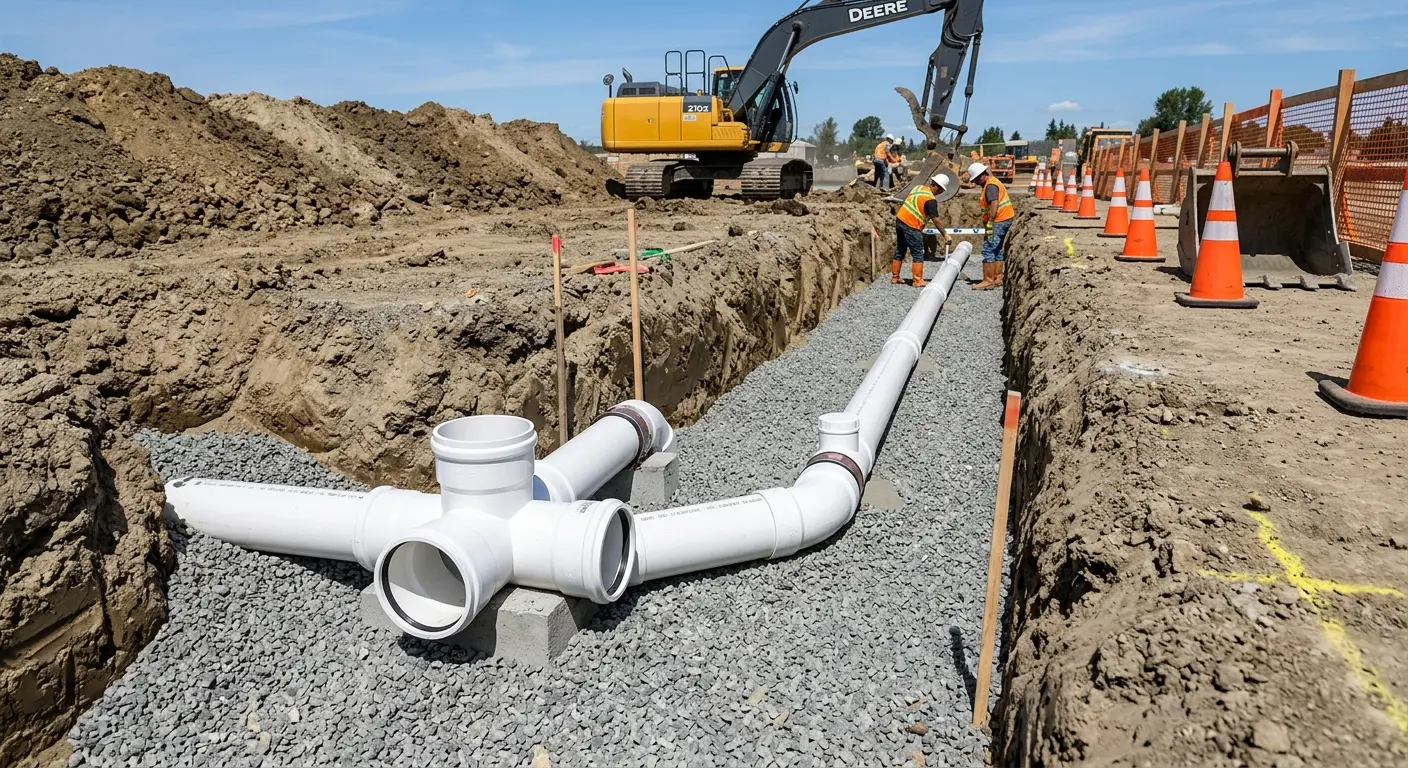 New PVC sewer pipe installation in open trench for Sewer Backup in Port Allen
