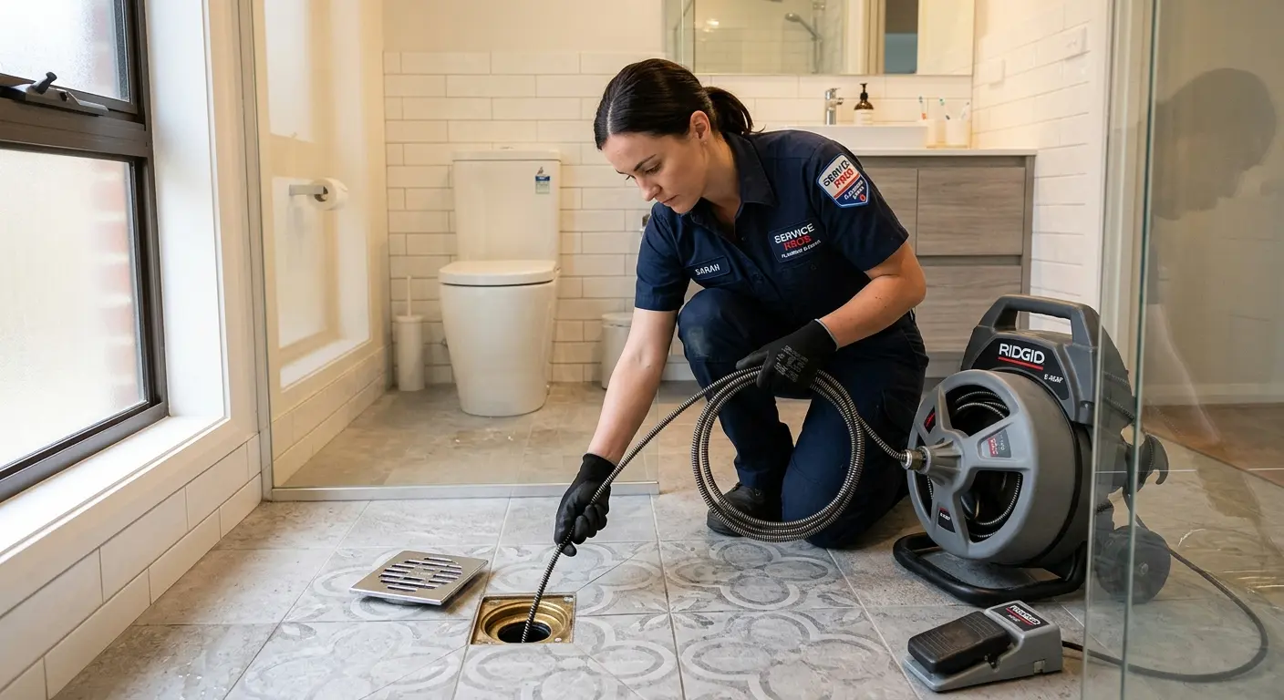Technician clearing a bathroom floor drain for Sewer Line Replacement in Port Allen